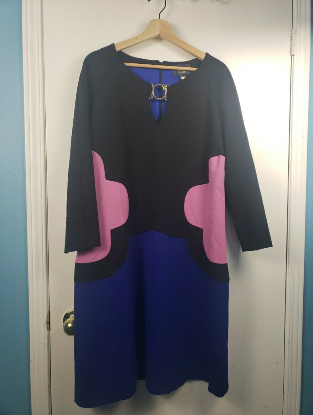 Roberto Cavalli Class Black, Pink & Blue Colorblock Long Sleeve Dress Size Fr 50